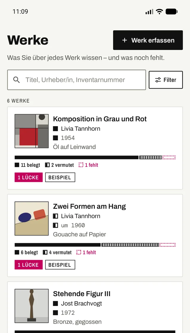 Liste der Werke: Karten mit Titel, Urheber/in, Datierung und einem Balken, der zeigt, wie viele Angaben belegt, vermutet oder fehlend sind.