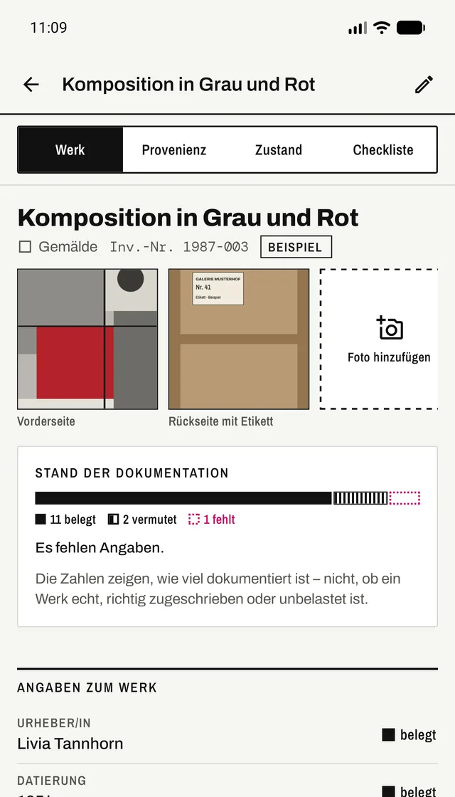 Werkblatt eines Beispielwerks mit Fotos, Stand der Dokumentation und den Angaben Urheber/in, Datierung, Technik und Material, jede mit ihrem Zustand.