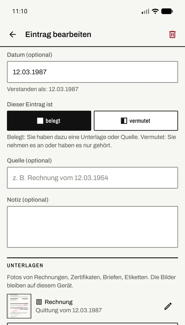 Eintrag einer Handänderung vom 12.03.1987, als belegt markiert, mit angehängter Unterlage: einem fotografierten Beispieldokument.