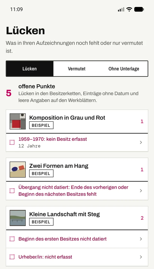 Übersicht «Lücken»: fünf offene Punkte, je Werk aufgeführt, etwa «1959–1970: kein Besitz erfasst» und nicht datierte Übergänge.