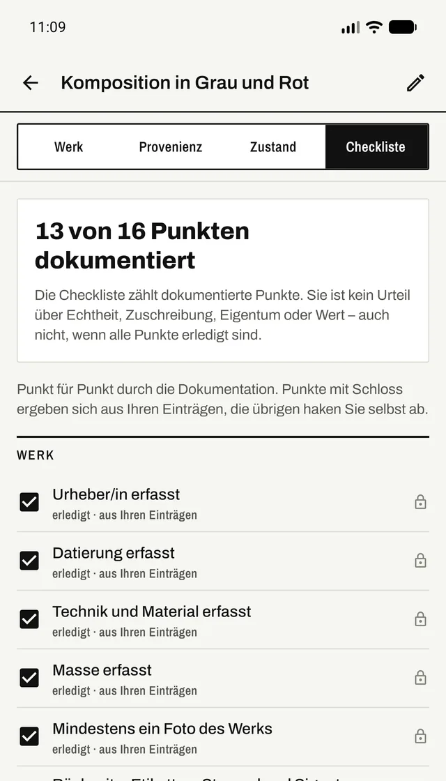Checkliste eines Werks: «13 von 16 Punkten dokumentiert», darunter der Hinweis, dass die Checkliste kein Urteil ist, und die erledigten Punkte der Gruppe Werk.