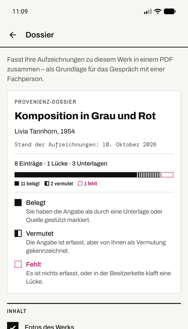 Dossier-Ansicht mit Zusammenfassung: 8 Einträge, 1 Lücke, 3 Unterlagen, dazu die Erklärung der drei Zustände und die Auswahl der Inhalte.